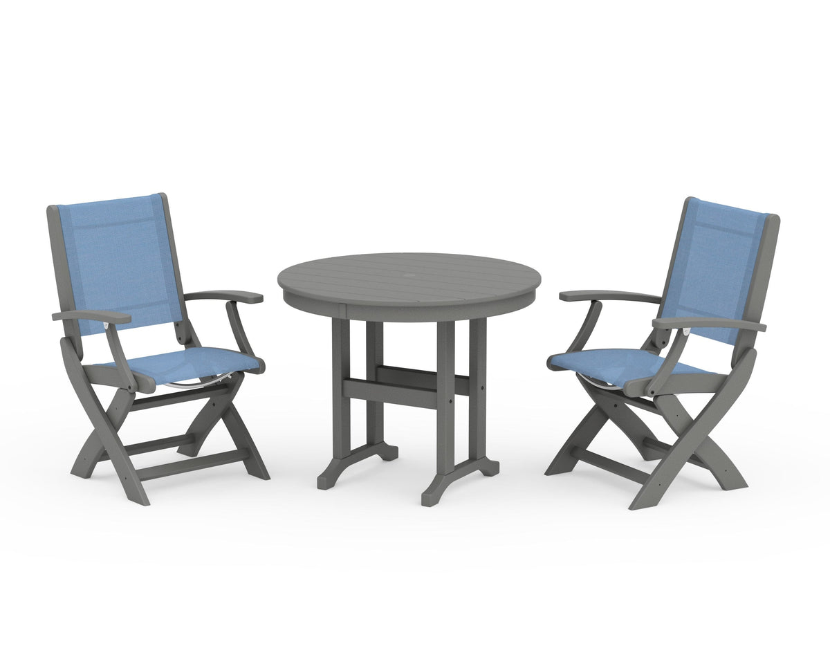 POLYWOOD Coastal Folding Chair 3-Piece Round Dining Set in Slate Grey / Poolside
