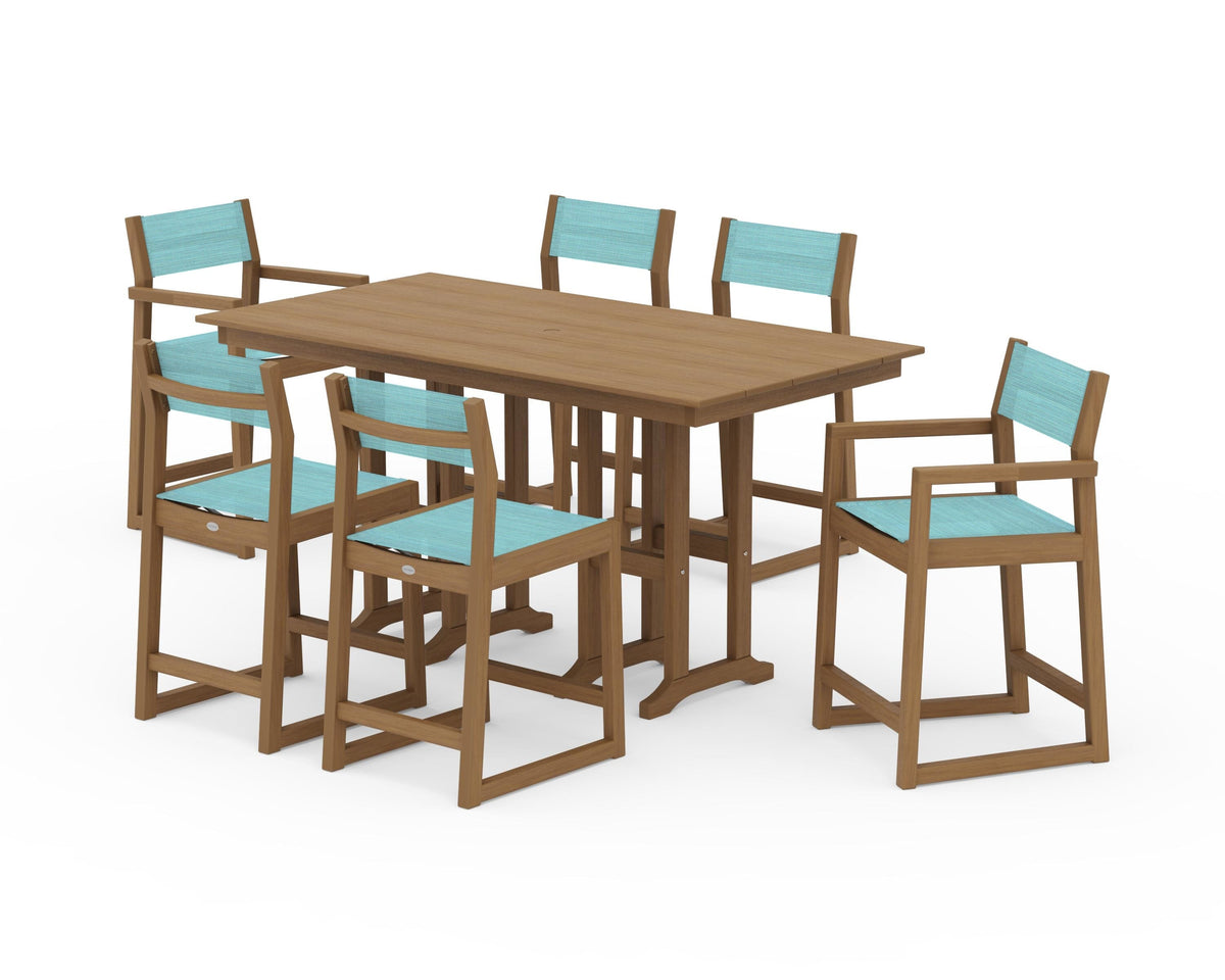 POLYWOOD EDGE Sling 7-Piece Farmhouse Counter Set with Trestle Legs in Natural / Dupioni Aquamarine