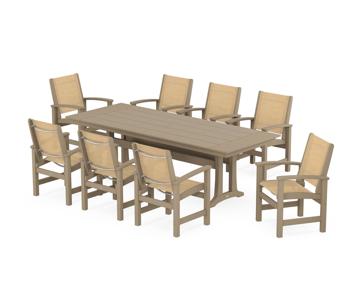 POLYWOOD Coastal 9-Piece Farmhouse Dining Set with Trestle Legs in Vintage Sahara / Dupioni Apricot