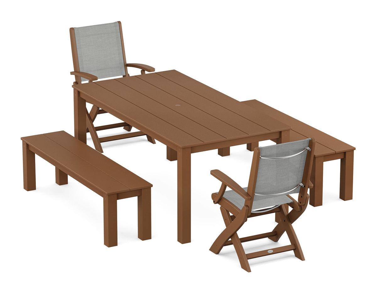 POLYWOOD Coastal Folding Chair 5-Piece Parsons Dining Set with Benches in Teak / Metallic