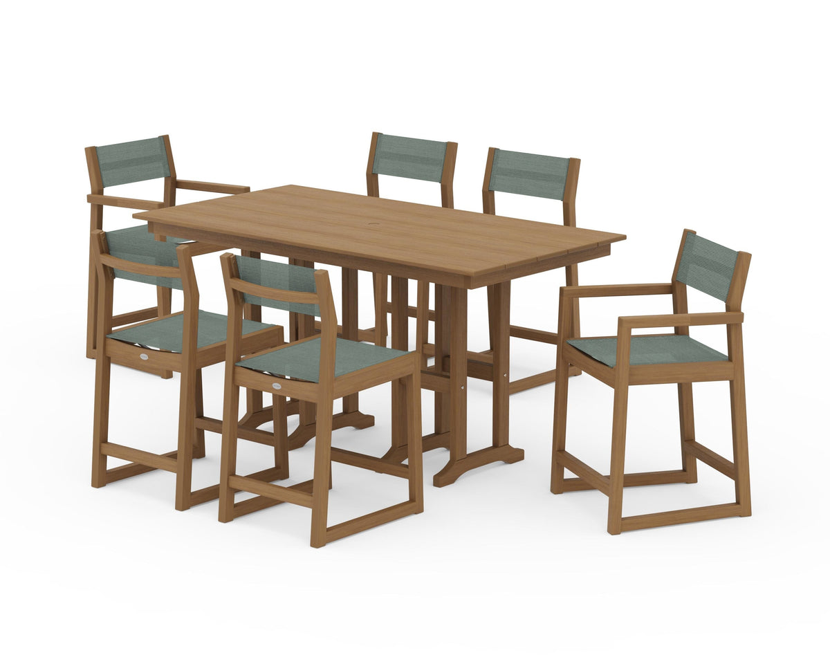 POLYWOOD EDGE Sling 7-Piece Farmhouse Counter Set with Trestle Legs in Natural / Dupioni Sea Mist