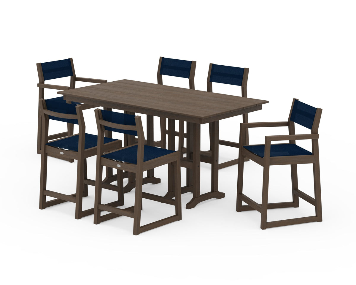 POLYWOOD EDGE Sling 7-Piece Farmhouse Counter Set with Trestle Legs in Kona / Navy Blue