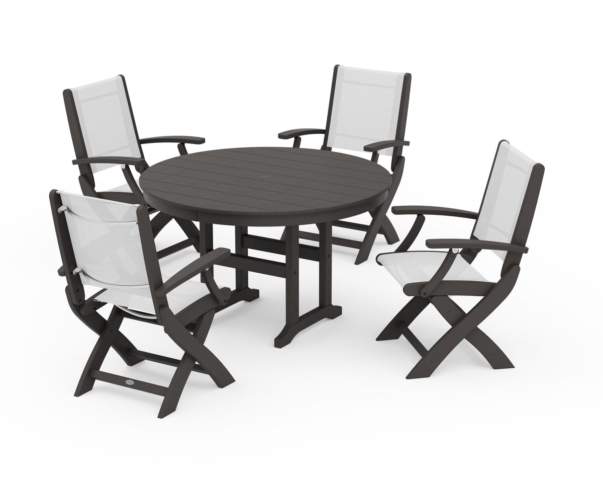 POLYWOOD Coastal Folding Chair 5-Piece Round Dining Set in Vintage Coffee / White