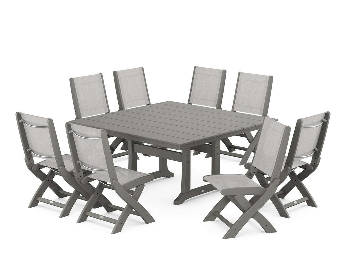 POLYWOOD Coastal Folding Side Chair 9-Piece Farmhouse Dining Set in Slate Grey / Parchment