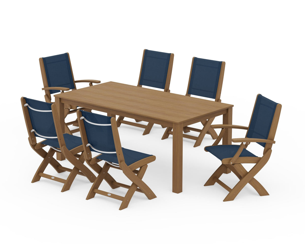 POLYWOOD Coastal Folding Chair 7-Piece Parsons Dining Set with Coastal Folding Side Chair in Natural / Navy Blue