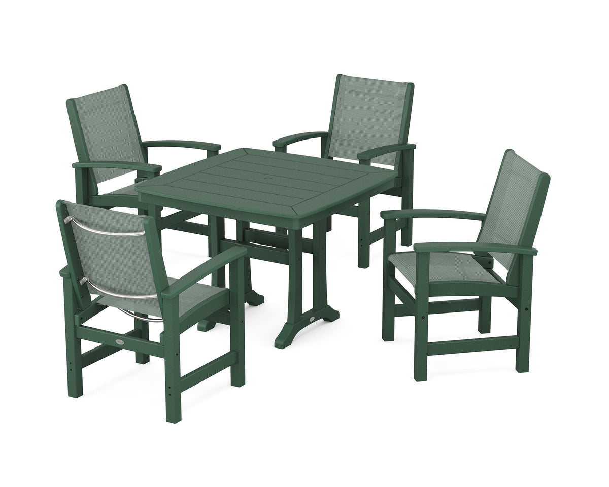POLYWOOD Coastal 5-Piece Dining Set with Trestle Legs with Nautical Trestle 37" Dining Table in Green / Dupioni Sea Mist