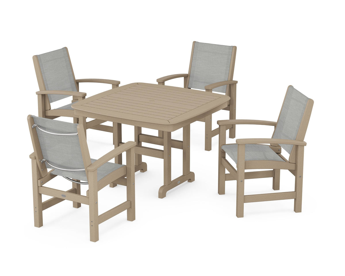 POLYWOOD Coastal 5-Piece Dining Set with Nautical 44" Dining Table in Vintage Sahara / Metallic