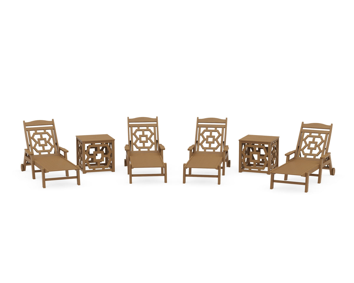 POLYWOOD Chinoiserie 6-Piece Chaise Set with Umbrella Stand Accent Table in Natural