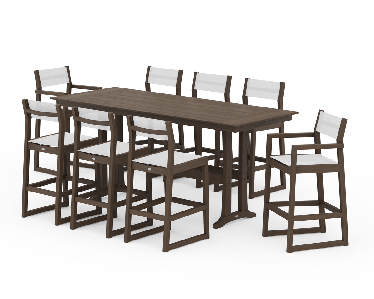 POLYWOOD EDGE Sling 9-Piece Farmhouse Bar Set with Trestle Legs in Kona / White