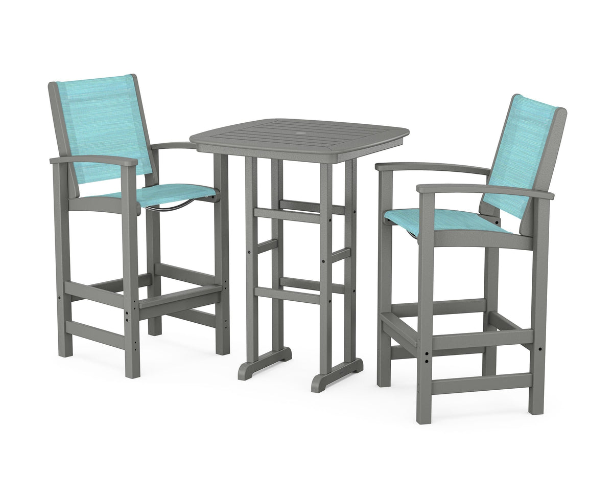 POLYWOOD Coastal 3-Piece Bar Set in Slate Grey / Dupioni Aquamarine