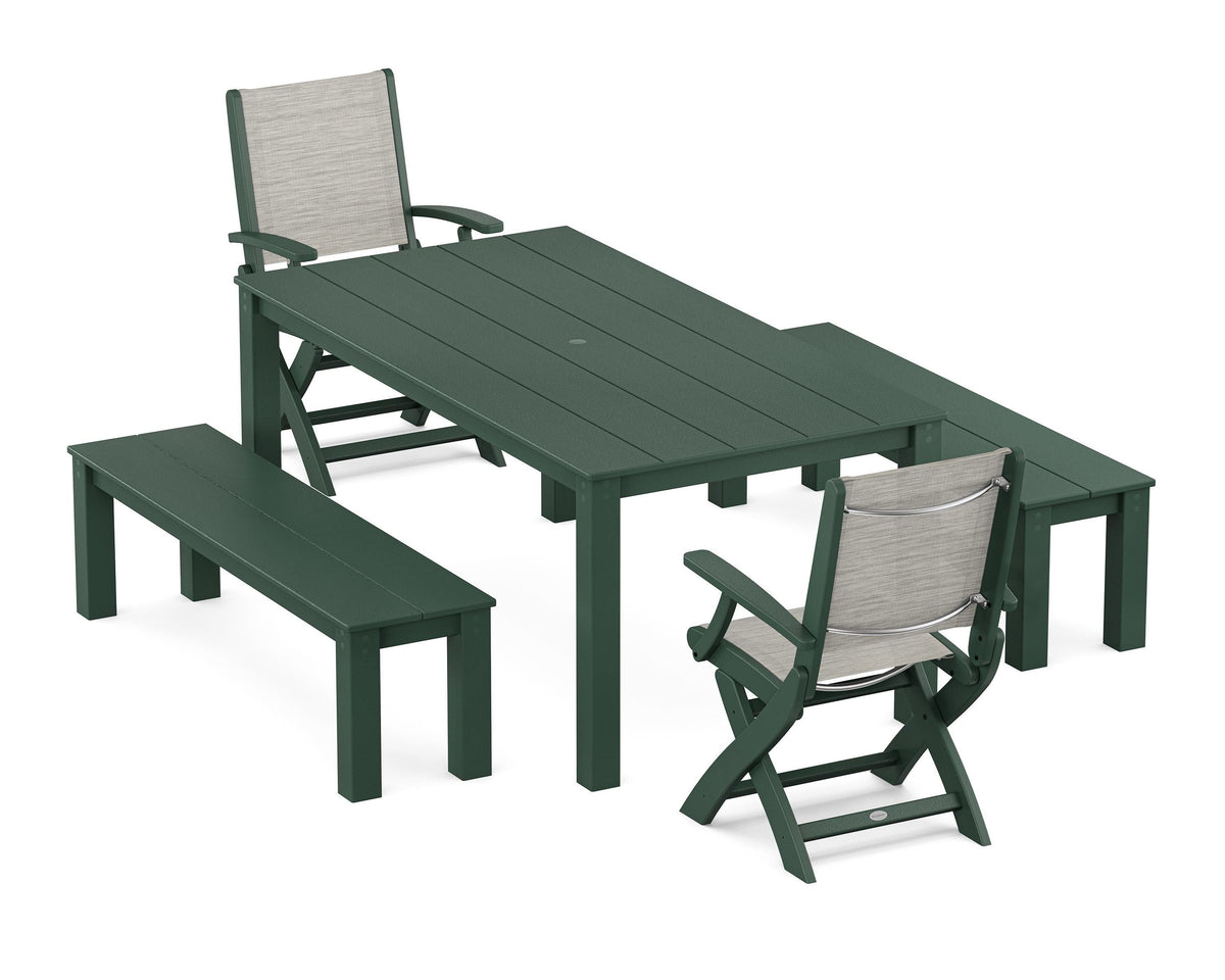 POLYWOOD Coastal Folding Chair 5-Piece Parsons Dining Set with Benches in Green / Birch