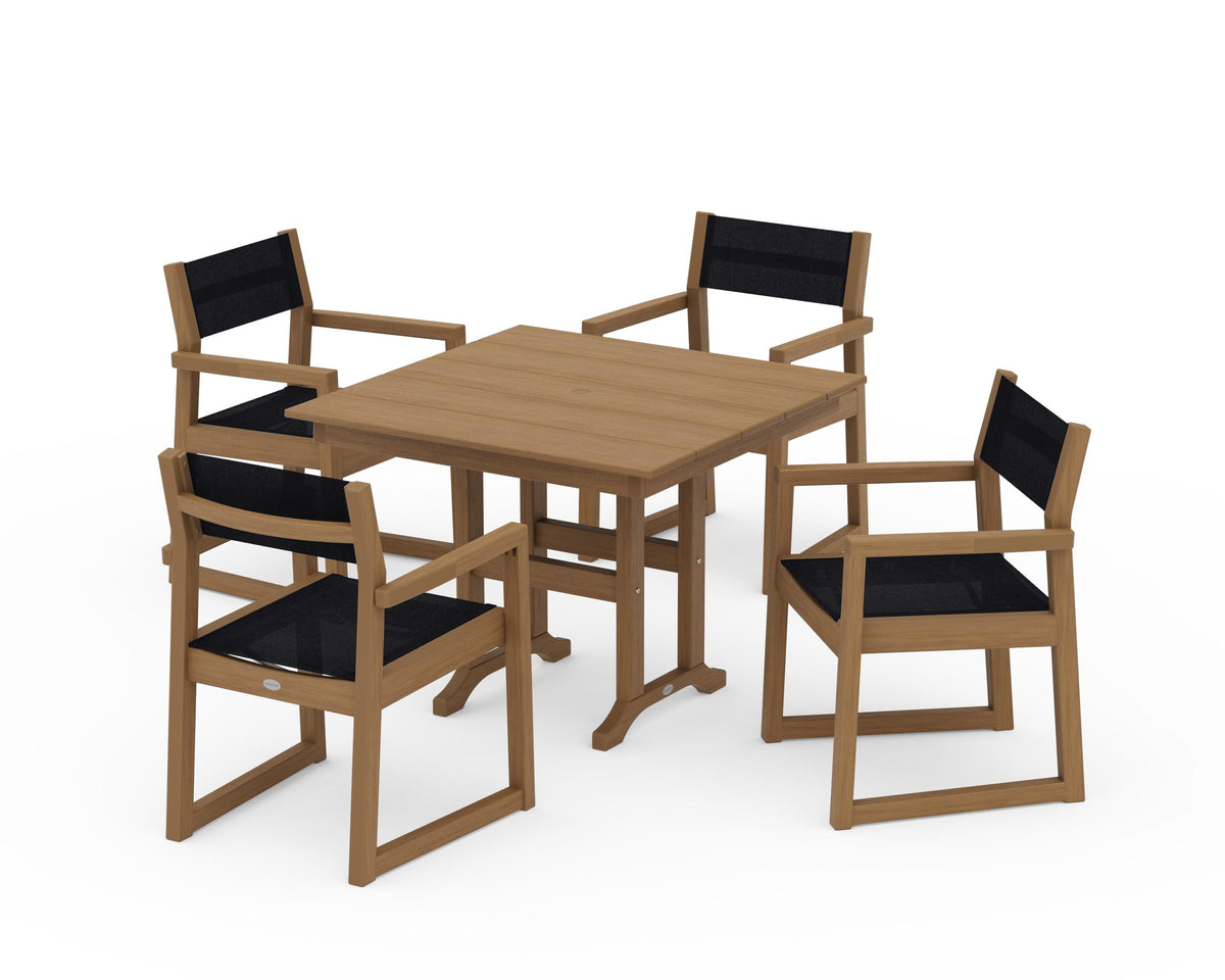 POLYWOOD EDGE Sling Arm Chair 5-Piece Farmhouse Dining Set in Natural / Black