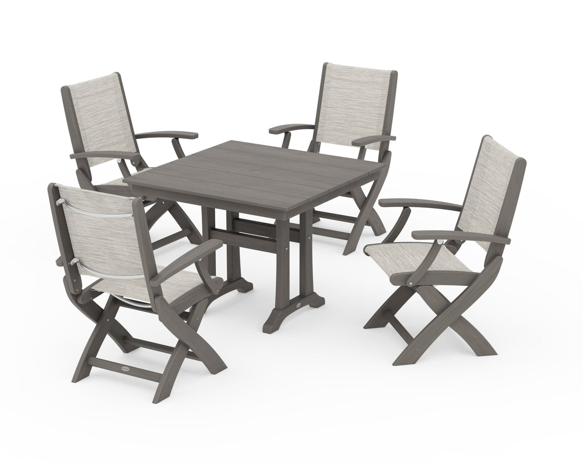 POLYWOOD Coastal Folding Chair 5-Piece Farmhouse Dining Set With Trestle Legs in Driftwood / Birch