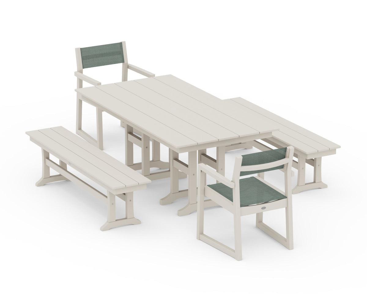 POLYWOOD EDGE Sling Arm Chair 5-Piece Farmhouse Dining Set with Benches in Sand / Dupioni Sea Mist