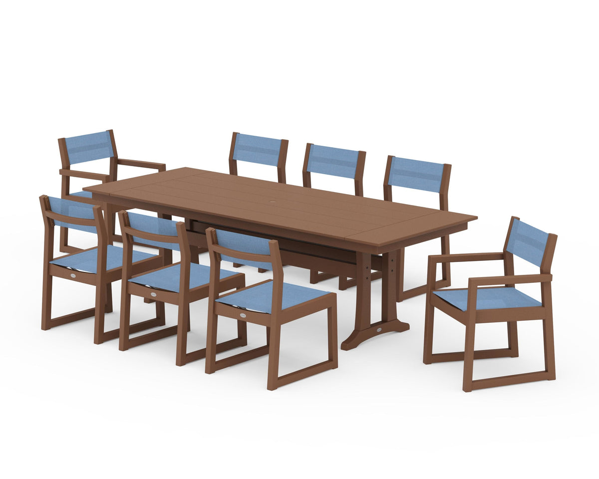 POLYWOOD EDGE Sling 9-Piece Farmhouse Trestle Dining Set in Teak / Poolside