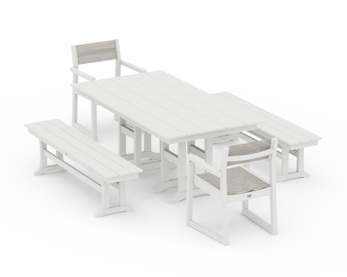 POLYWOOD EDGE Sling Arm Chair 5-Piece Farmhouse Dining Set with Benches in Vintage White / Birch