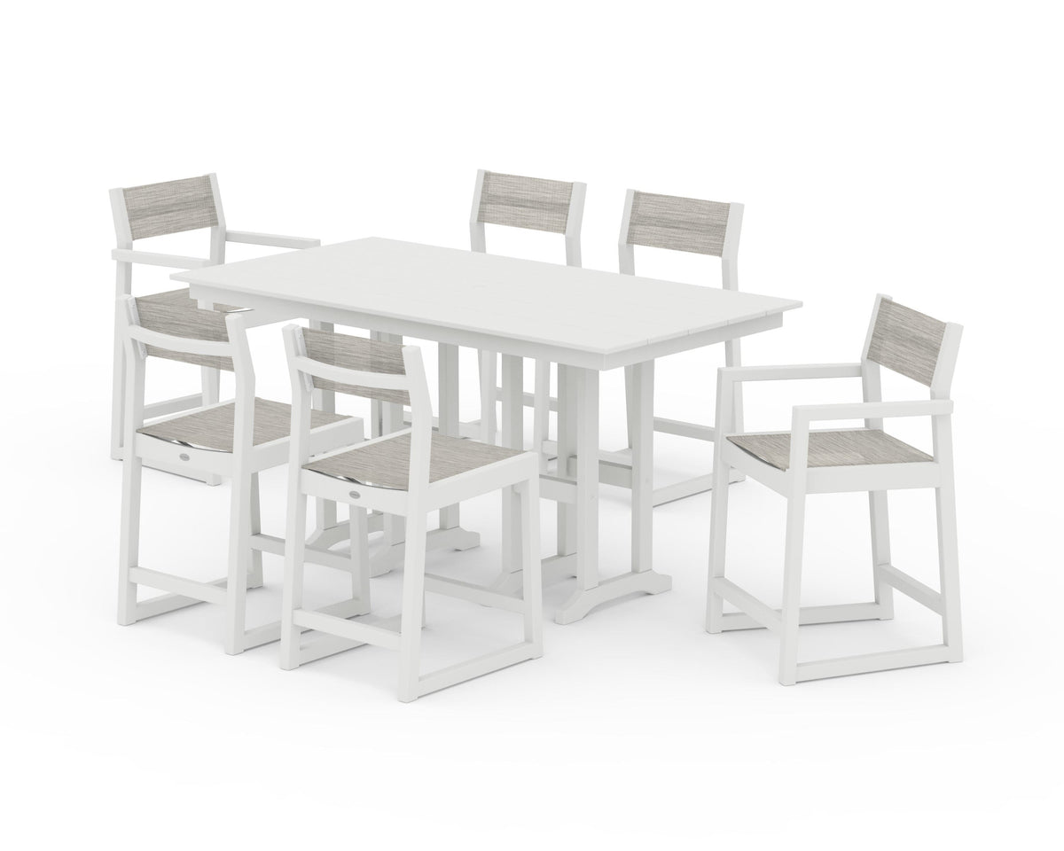 POLYWOOD EDGE Sling 7-Piece Farmhouse Counter Set with Trestle Legs in Vintage White / Birch