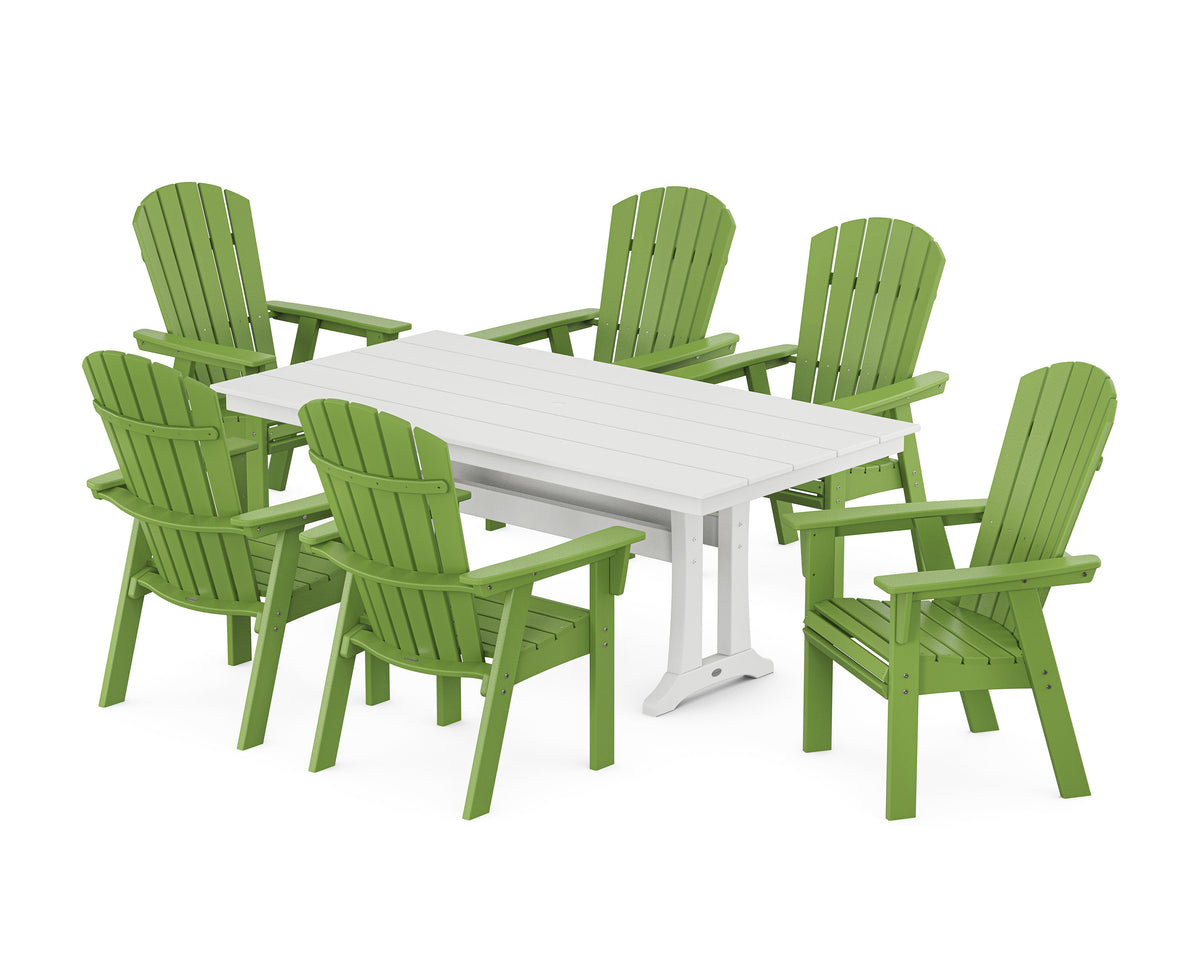 POLYWOOD Nautical Curveback Adirondack 7-Piece Farmhouse Dining Set with Trestle Legs in Lime / White