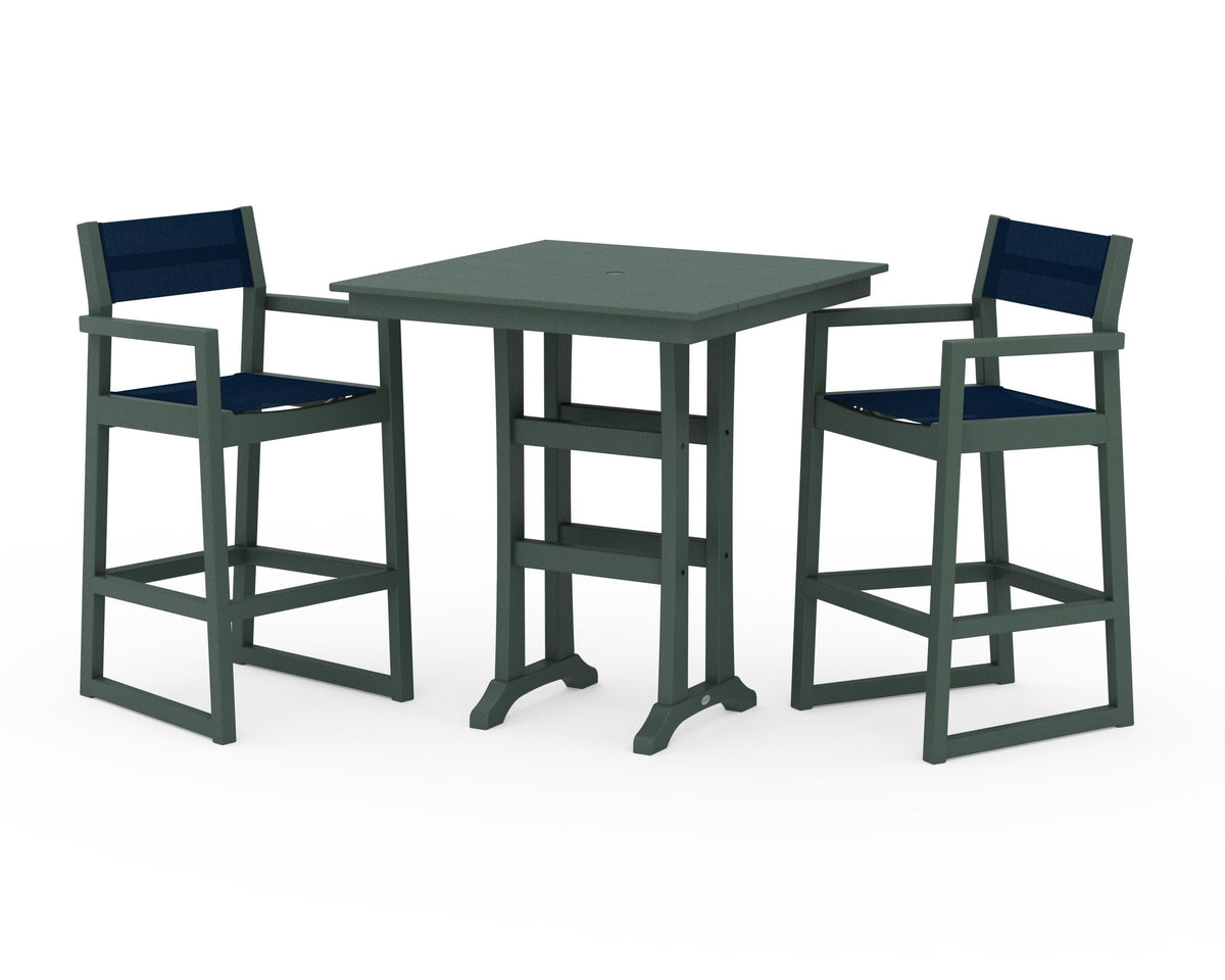 POLYWOOD EDGE Sling Arm Chair 3-Piece Farmhouse Bar Set with Trestle Legs in Green / Navy Blue
