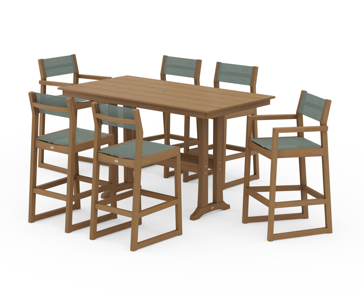 POLYWOOD EDGE Sling 7-Piece Farmhouse Bar Set with Trestle Legs in Natural / Dupioni Sea Mist