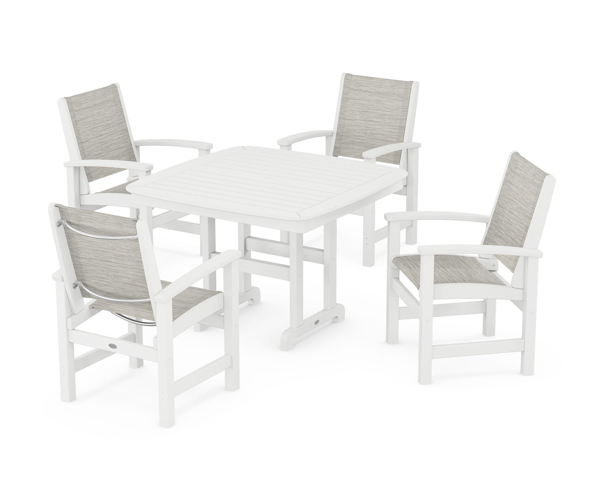 POLYWOOD Coastal 5-Piece Dining Set with Nautical 44" Dining Table in White / Birch