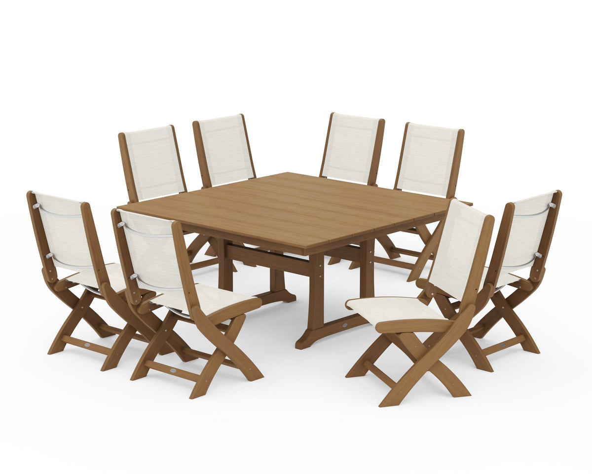 POLYWOOD Coastal Folding Side Chair 9-Piece Farmhouse Dining Set in Natural / Parchment