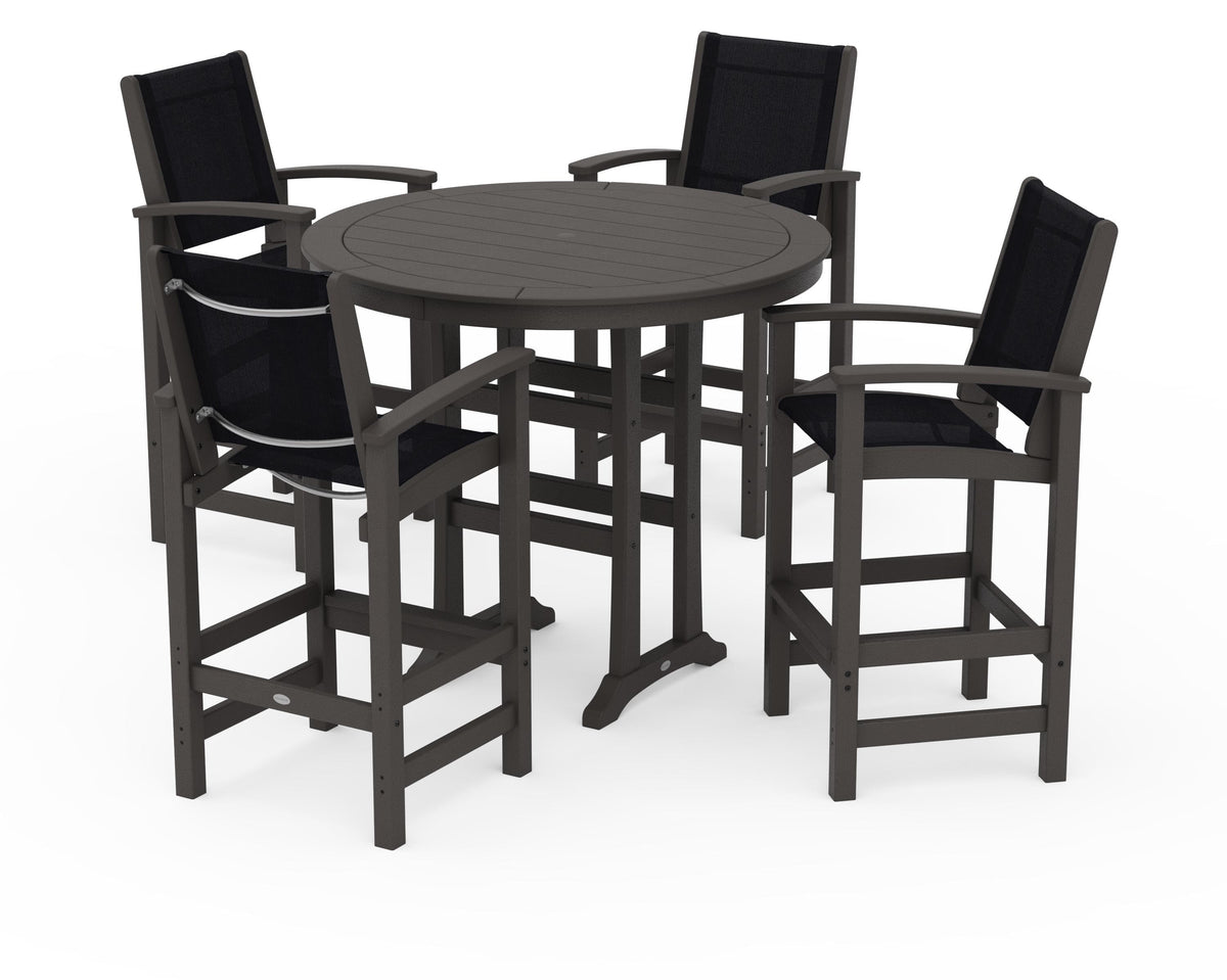 POLYWOOD Coastal 5-Piece Nautical Trestle Bar Set in Vintage Coffee / Black
