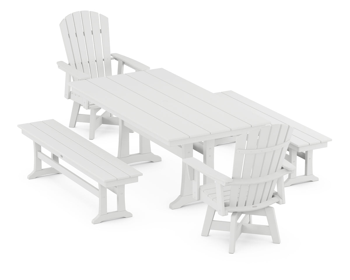 POLYWOOD Nautical Curveback Adirondack Swivel Chair 5-Piece Farmhouse Dining Set with Trestle Legs and Benches in White