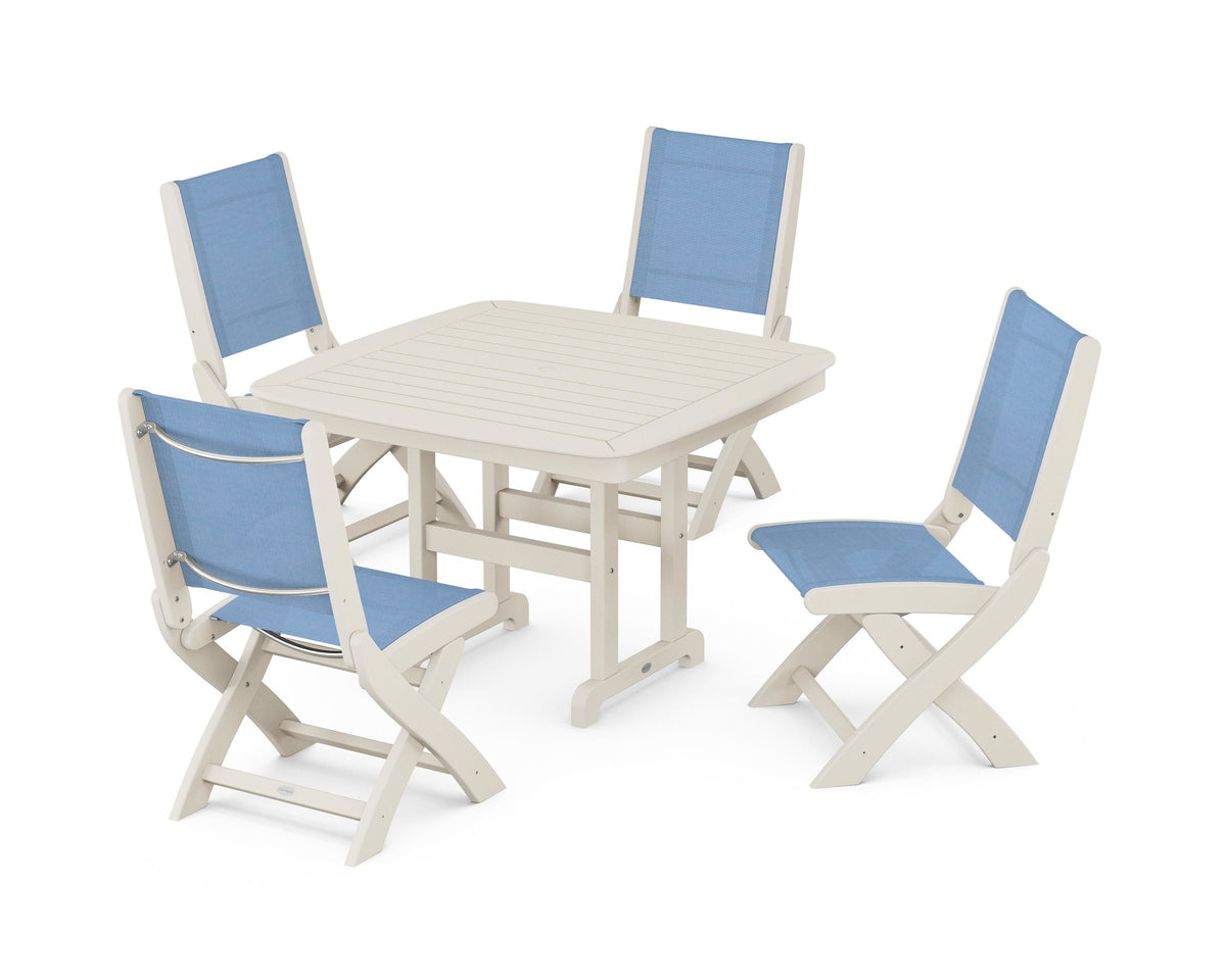 POLYWOOD Coastal Folding Side Chair 5-Piece Dining Set with Nautical 44" Dining Table in Sand / Poolside