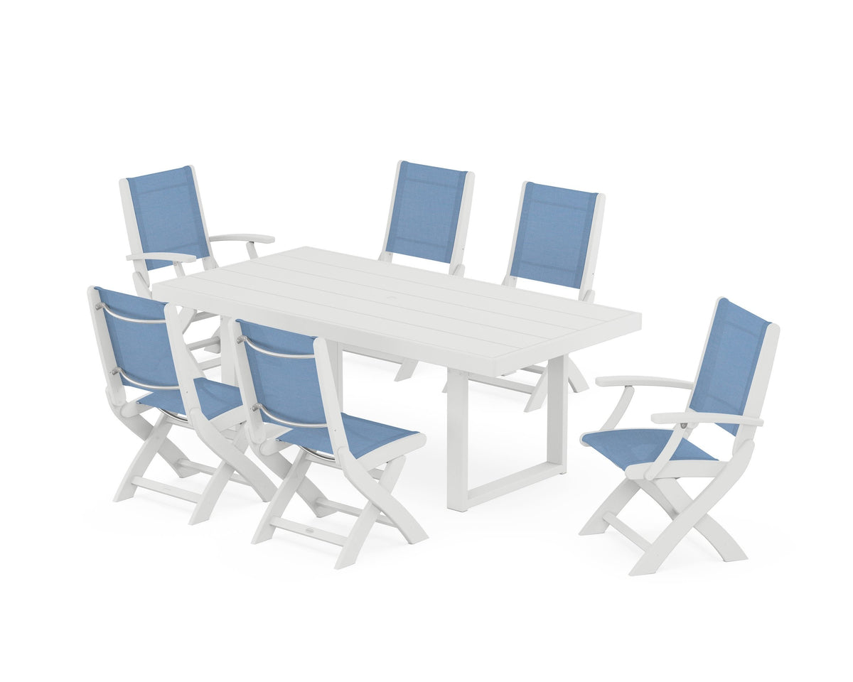 POLYWOOD Coastal Folding Chair 7-Piece Dining Set with Trestle Legs with EDGE 40" x 78" Dining Table in White / Poolside