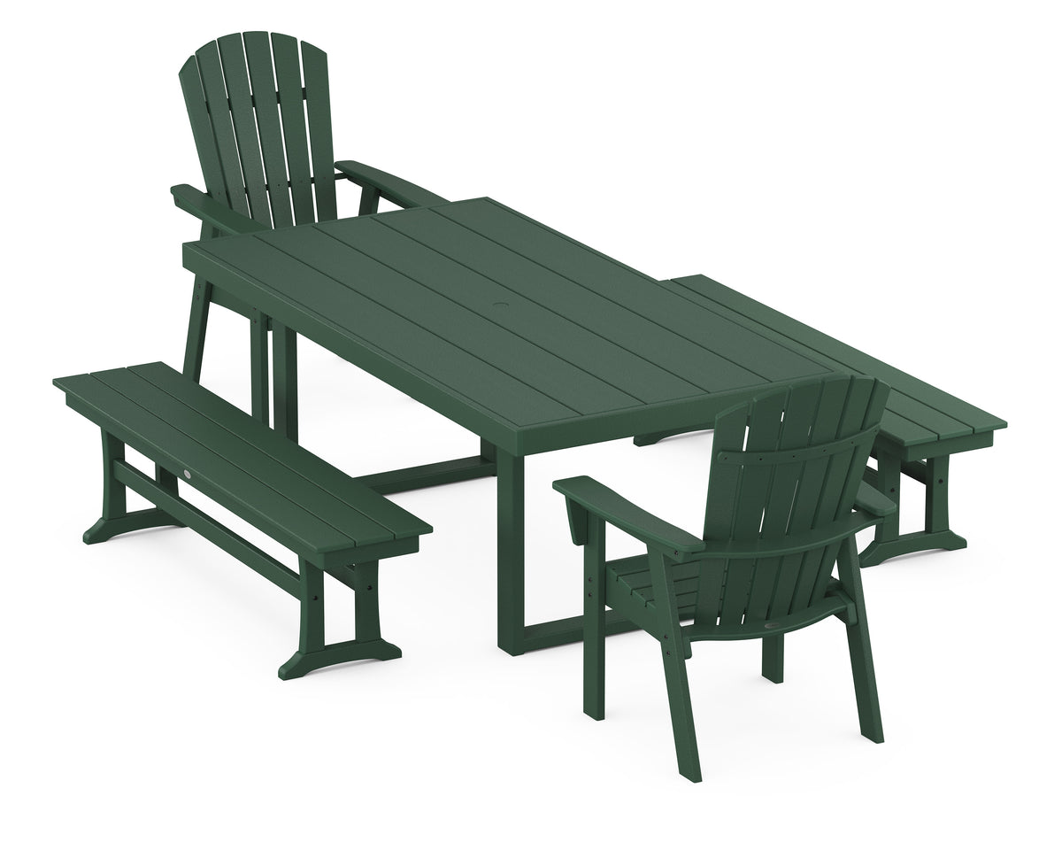 POLYWOOD Nautical Curveback Adirondack 5-Piece Dining Set with Benches - 39" x 78" Table in Green