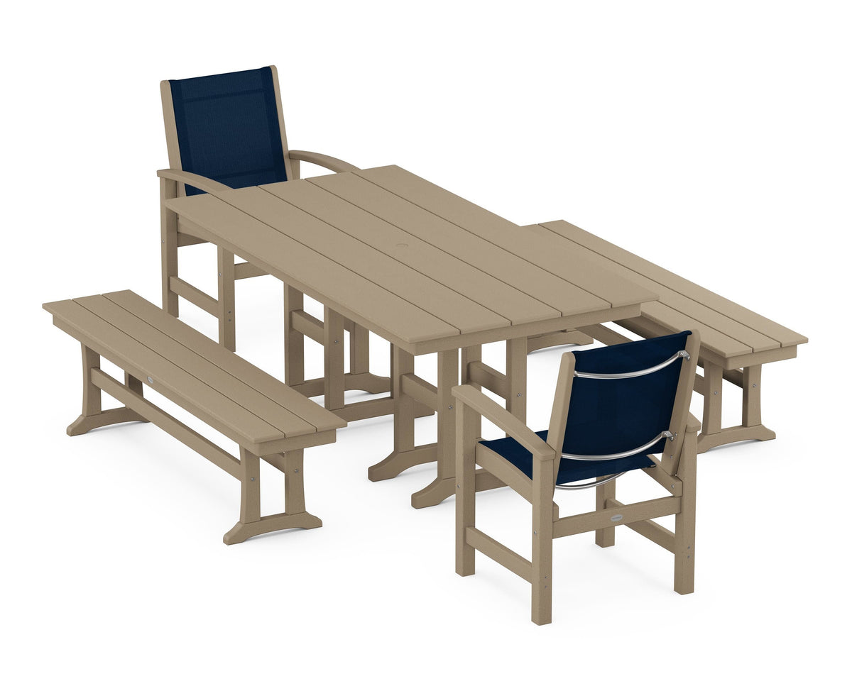 POLYWOOD Coastal 5-Piece Farmhouse Dining Set with Farmhouse 37" x 72" Dining Table in Vintage Sahara / Navy Blue
