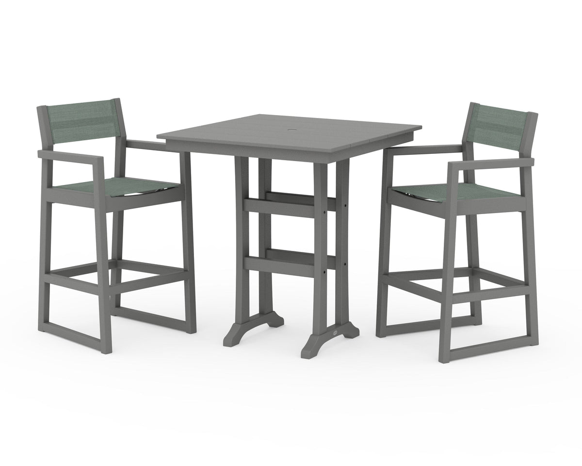 POLYWOOD EDGE Sling Arm Chair 3-Piece Farmhouse Bar Set with Trestle Legs in Slate Grey / Dupioni Sea Mist
