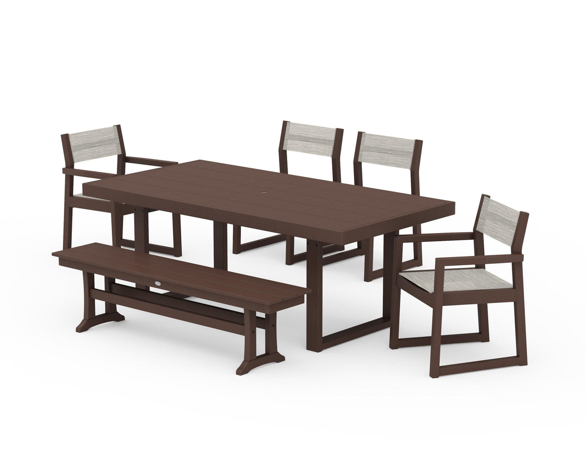 POLYWOOD EDGE Sling 6-Piece Dining Set with Bench in Mahogany / Birch