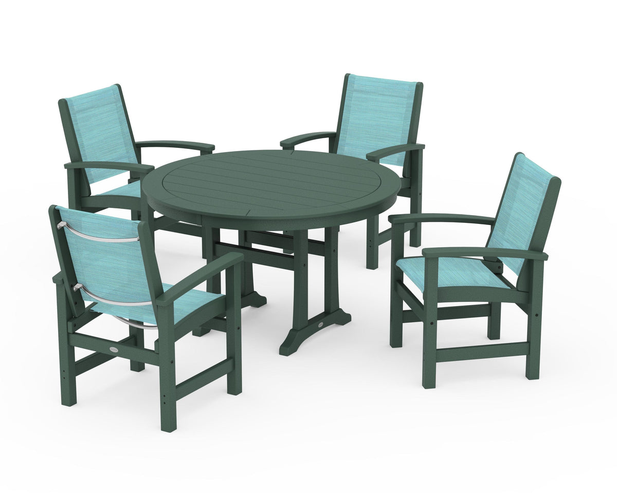 POLYWOOD Coastal 5-Piece Round Dining Set with Trestle Legs in Green / Dupioni Aquamarine