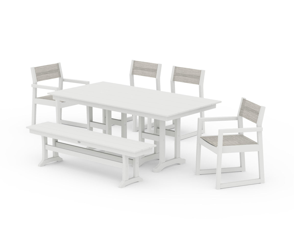 POLYWOOD EDGE Sling 6-Piece Farmhouse Dining Set in Vintage White / Birch