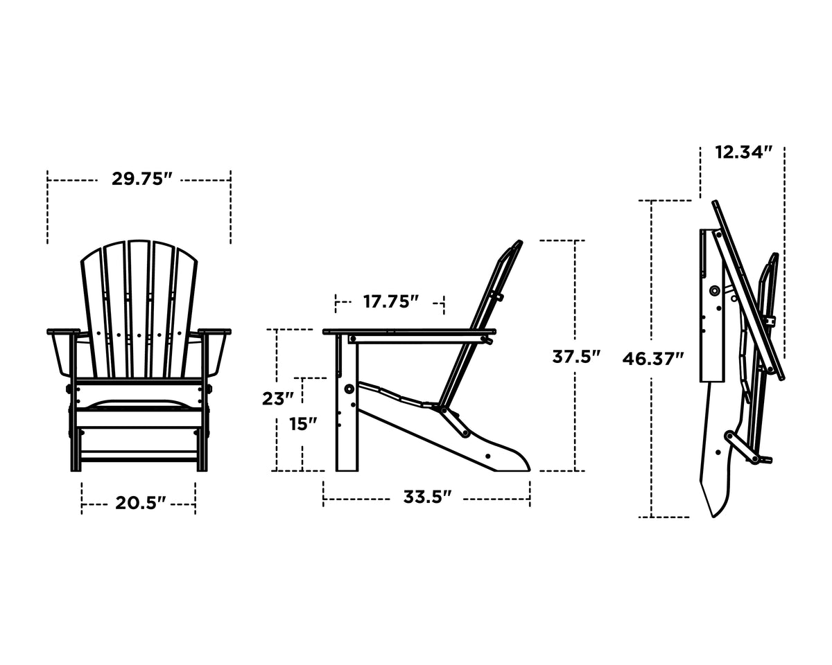 POLYWOOD Palm Coast Folding Adirondack dimension drawing with width, depth and height measurements