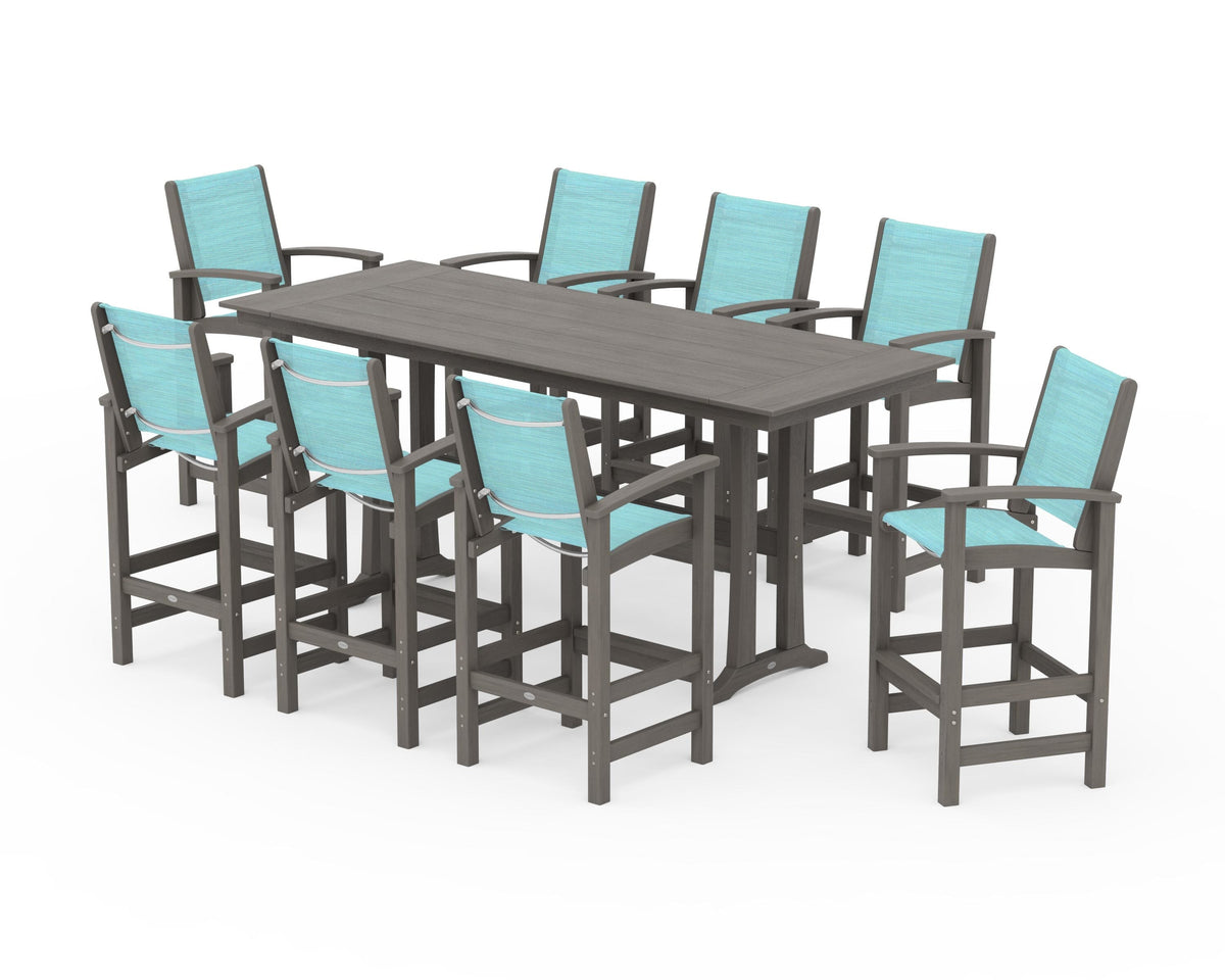 POLYWOOD Coastal 9-Piece Farmhouse Bar Set with Trestle Legs in Driftwood / Dupioni Aquamarine