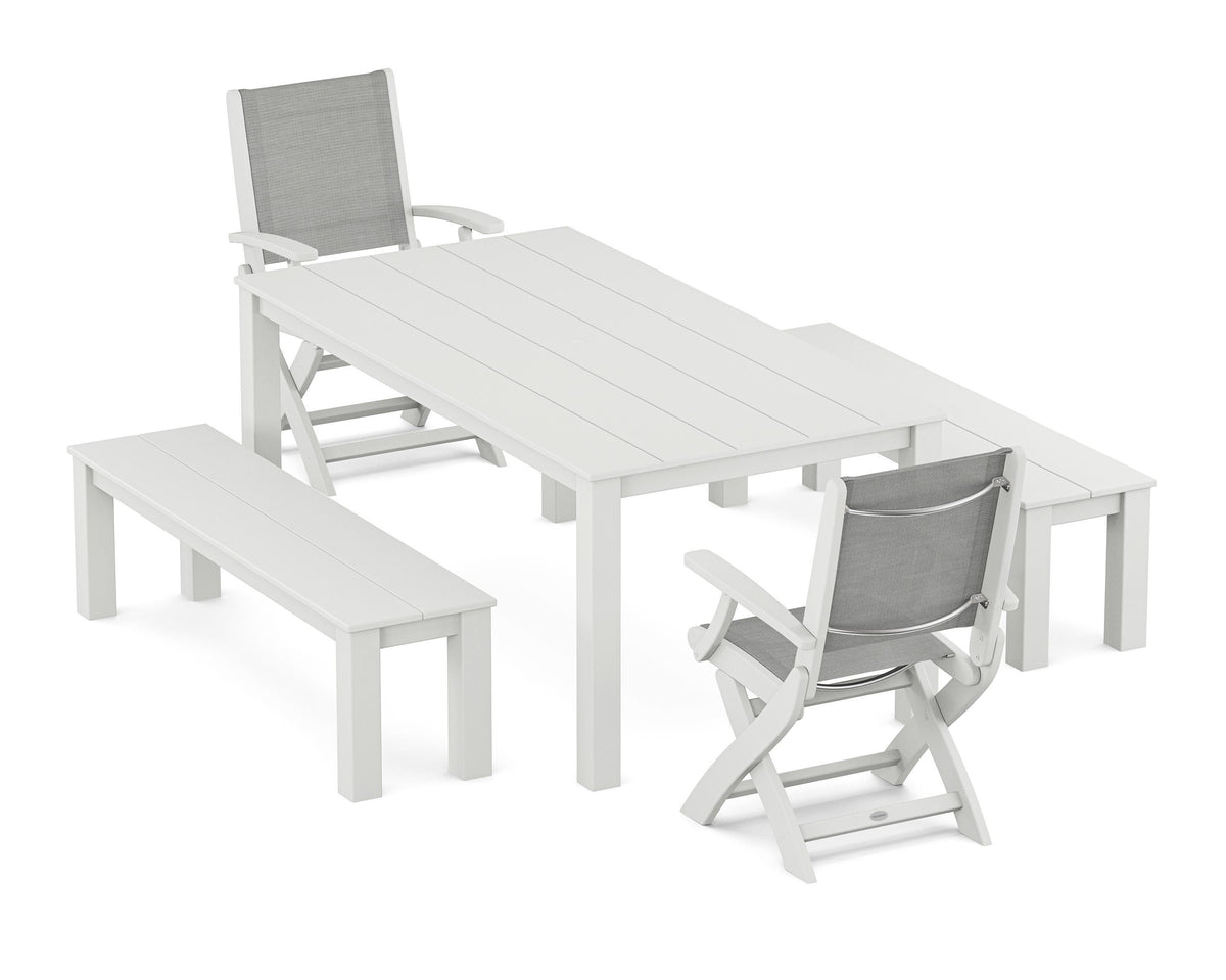 POLYWOOD Coastal Folding Chair 5-Piece Parsons Dining Set with Benches in White / Metallic