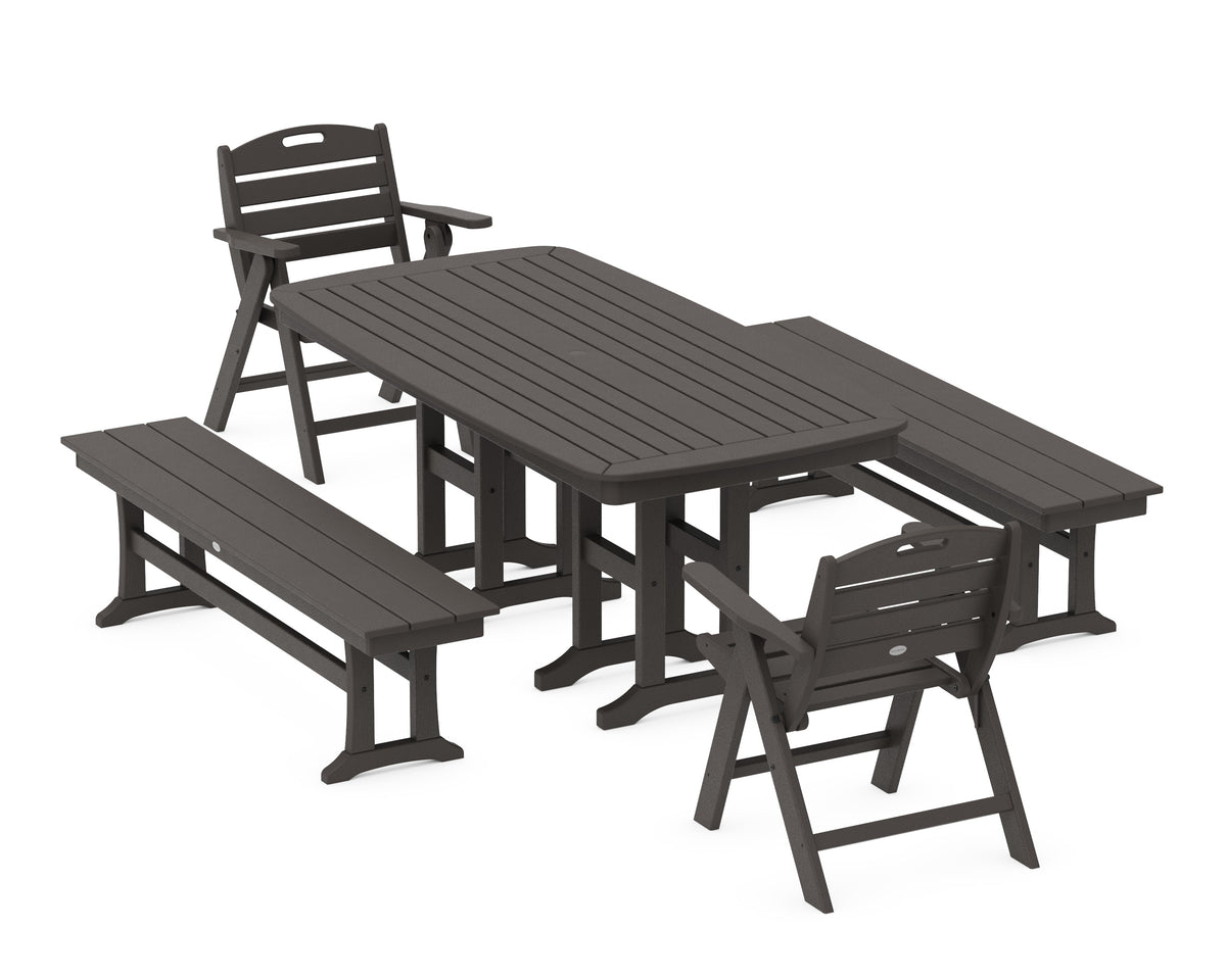POLYWOOD Nautical Lowback 5-Piece Dining Set with Benches in Vintage Coffee