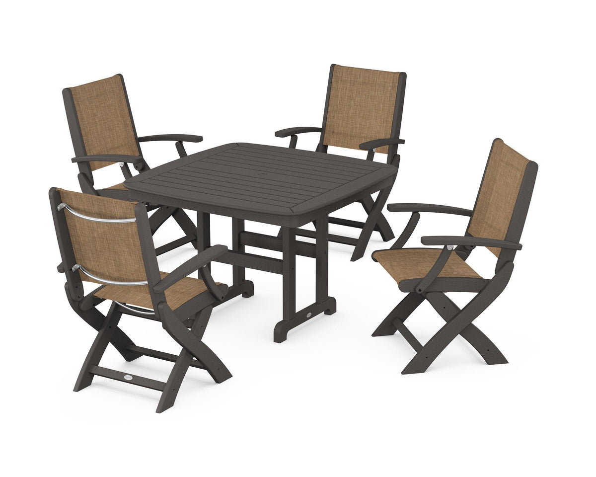 POLYWOOD Coastal Folding Chair 5-Piece Dining Set with Nautical 44" Dining Table in Vintage Coffee / Burlap