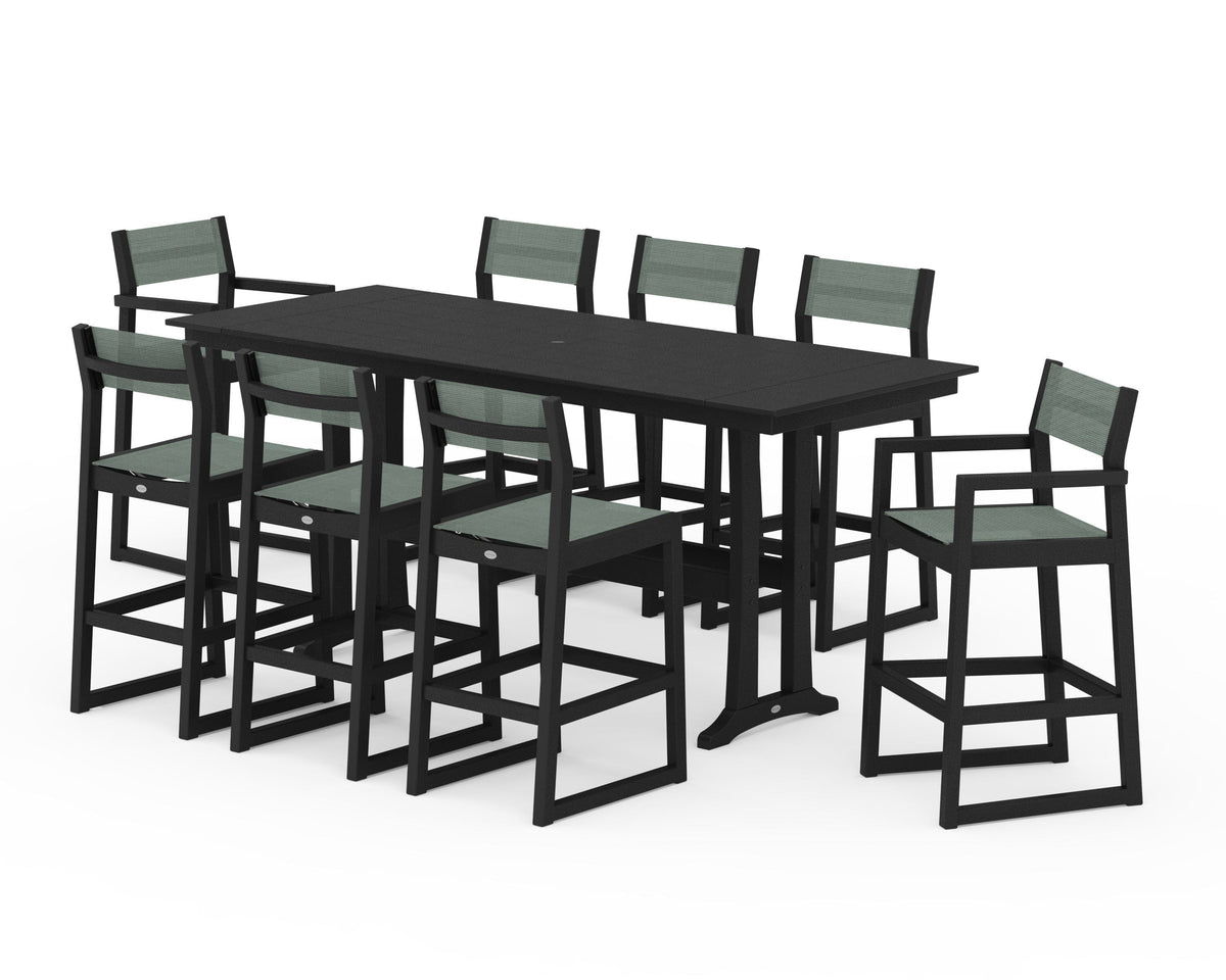 POLYWOOD EDGE Sling 9-Piece Farmhouse Bar Set with Trestle Legs in Black / Dupioni Sea Mist
