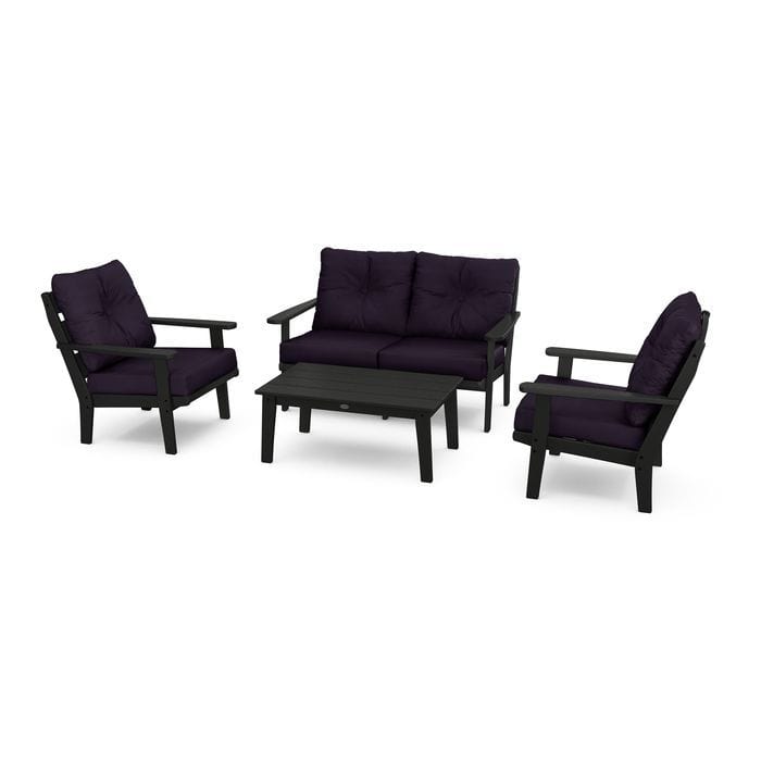 POLYWOOD Lakeside 4-Piece Seating Set in Black / Navy Linen