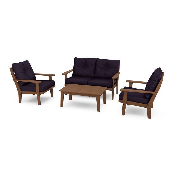 POLYWOOD Lakeside 4-Piece Seating Set in Teak / Navy Linen