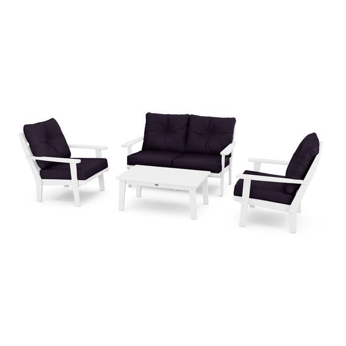 POLYWOOD Lakeside 4-Piece Seating Set in White / Navy Linen