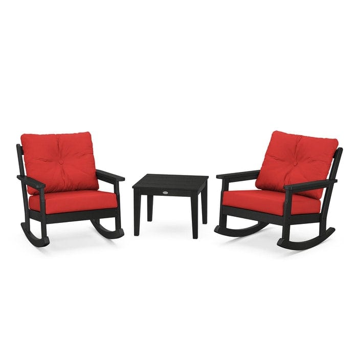 POLYWOOD Vineyard 3-Piece Deep Seating Rocking Chair Set in Black / Crimson Linen