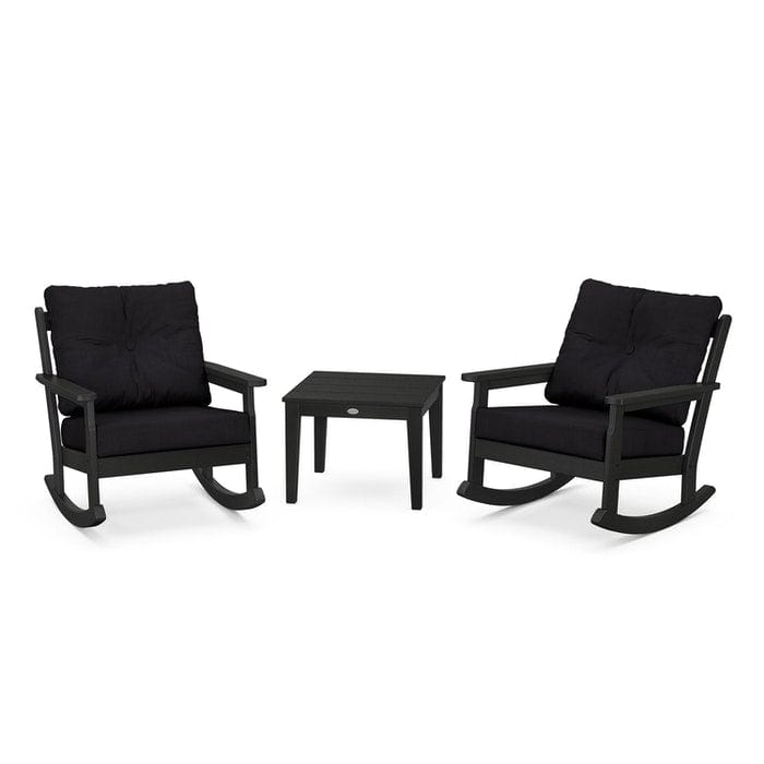 POLYWOOD Vineyard 3-Piece Deep Seating Rocking Chair Set in Black / Midnight Linen