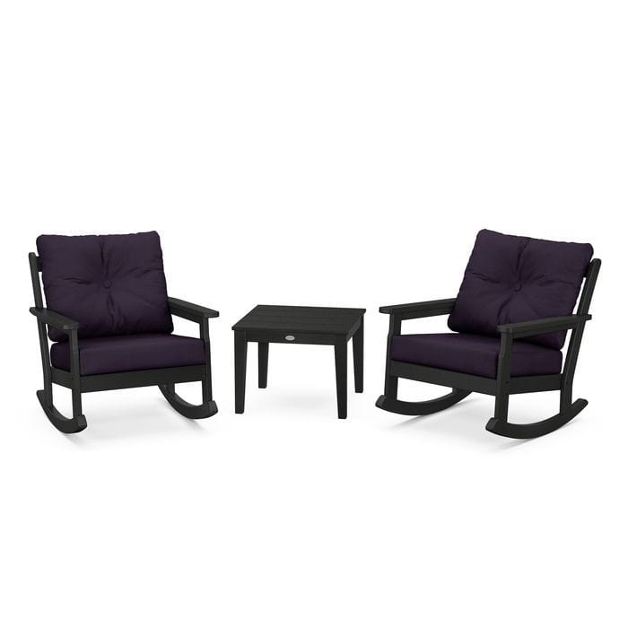 POLYWOOD Vineyard 3-Piece Deep Seating Rocking Chair Set in Black / Navy Linen