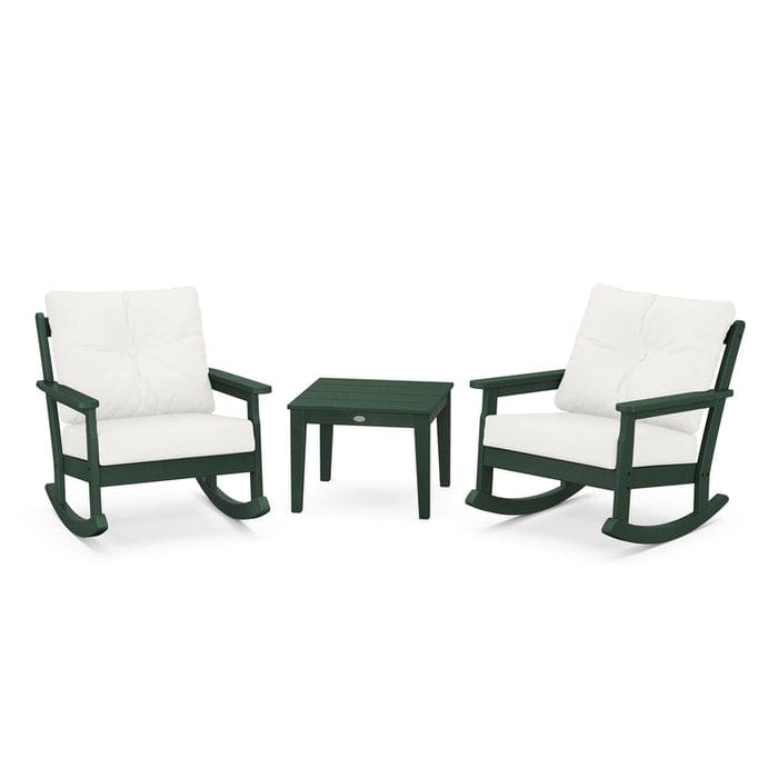 POLYWOOD Vineyard 3-Piece Deep Seating Rocking Chair Set in Green / Natural Linen