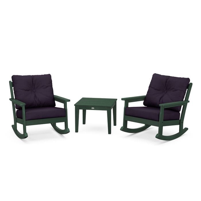 POLYWOOD Vineyard 3-Piece Deep Seating Rocking Chair Set in Green / Navy Linen